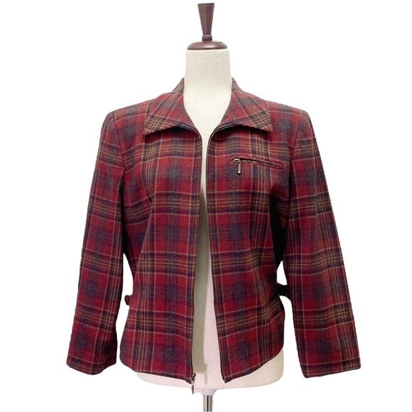 Pendleton Knockabouts Virgin Wool Zip Front Jacket Burgundy Blue Plaid Size 10 - Picture 1 of 16